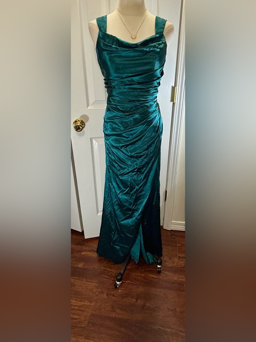 NWT Draped Satin Maxi Dress in Teal Green Size S
